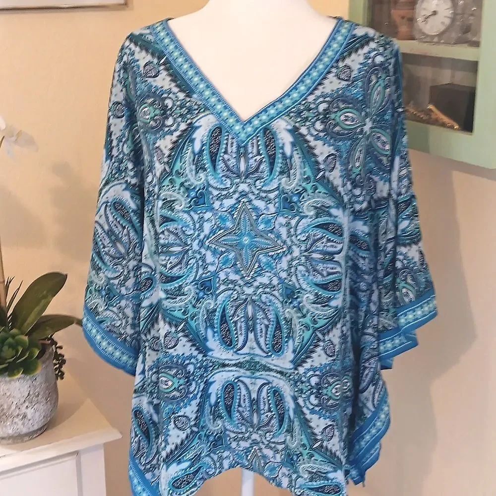 Belle x Kim Gravel Blue and Green Patterned Poncho Style Top. Bohemian